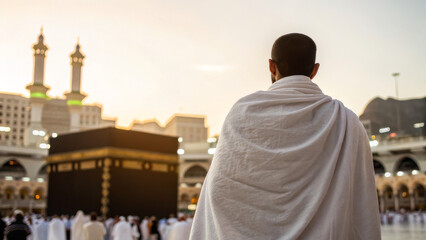 Muslim pilgrim in Ihram clothing standing in front of the Kaaba at Masjid al-Haram, Mecca