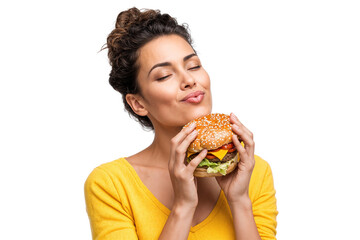Happy woman eating hamburger isolated on transparent background