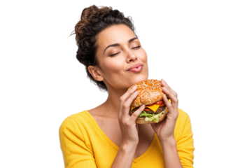 Happy woman eating hamburger isolated on transparent background
