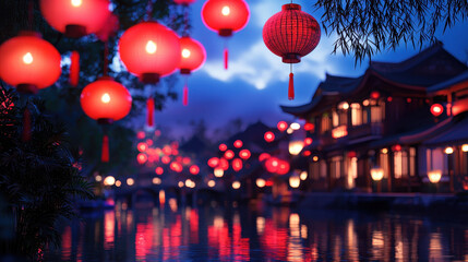 Serene night scene featuring glowing red lanterns illuminating tranquil waterway, reflecting traditional architecture