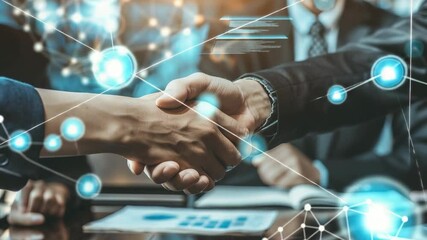 Handshake over business meeting with digital network effects. - Powered by Adobe