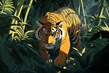 Illustration of a tiger walking through dense jungle foliage with a focused intense gaze forward