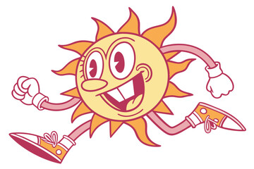 Cartoon Sun Character Running, Smiling with Sneakers, Arms, Eyes, and Smiling Face