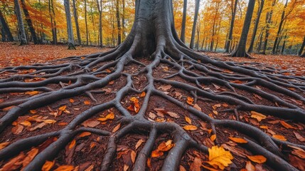 Exposed tree roots in a vibrant autumn forest.