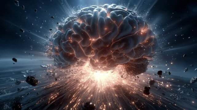 Human brain explosion in space with broken glass and a light burst