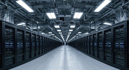 Fototapeta premium Vast server room, rows of dark equipment