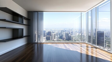 Fototapeta premium Modern empty room with panoramic city view.