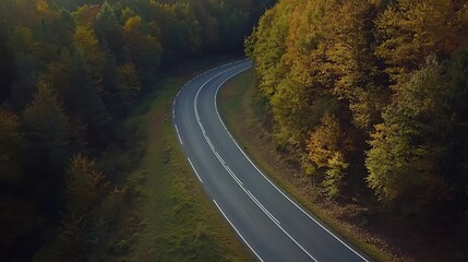 Autumnal road through lush forest with vibrant foliage and winding path for scenic adventure and peaceful nature escape aerial view concept.