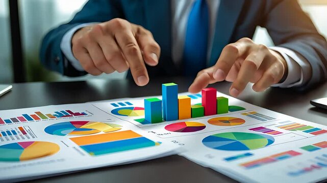 Businessman analyzing colorful financial charts and 3D bar graphs on desk, using hands to assess data performance in office environment

