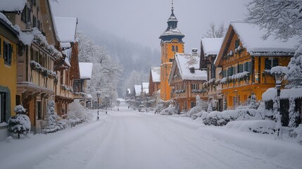 Fototapeta premium Snowy European village street, historic buildings, winter scene, travel postcard