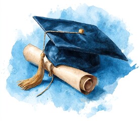 watercolor graduation cap and scroll banner for diploma certificate design or education announcement template. High quality
