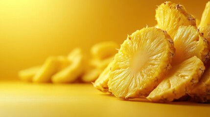 Fresh pineapple slices stacked on a yellow background.
