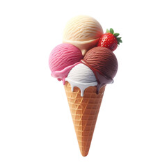 Delicious Triple Scoop Ice Cream Cone with Chocolate, Strawberry, and Vanilla Topped with Fresh Strawberries
