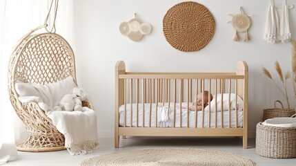 Cozy nursery with a baby in a crib, featuring natural elements