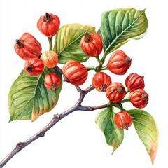 Botanical Illustration of Vibrant Red Fruit and Green Leaves