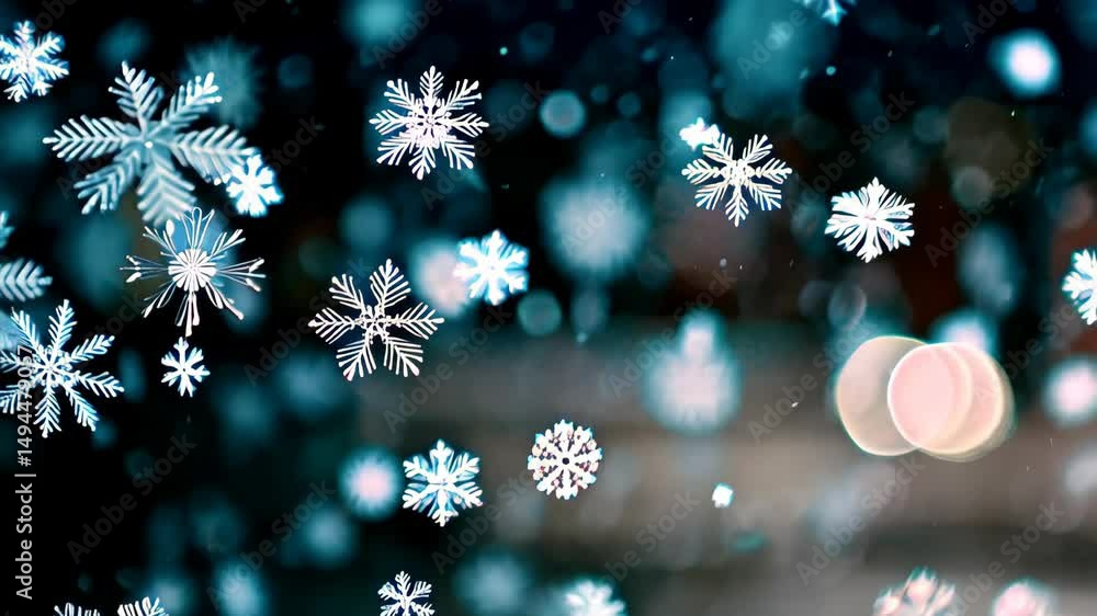 Poster elegant falling snowflakes create a festive winter background with blurred bokeh lights highlighting