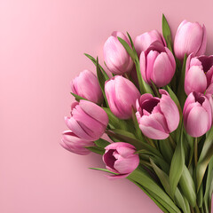 Obraz premium Pink Tulips Bouquet on Pink Background Spring Flowers Floral Design