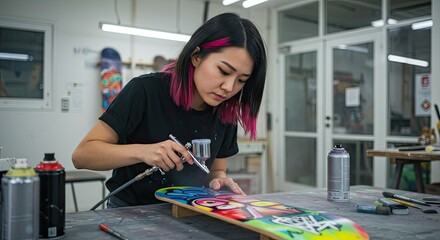 Woman airbrushing a colorful skateboard in a workshop