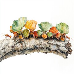 Ants and Leaves on Bark with Vibrant Colors in Watercolor Painting