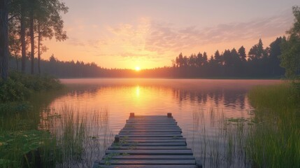 Serene lake sunset with a wooden dock.