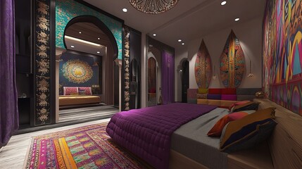 A vibrant, richly decorated bedroom with Moroccan-inspired design