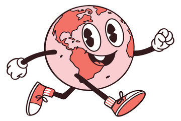 Retro Cartoon Globe Character Running, Happy Face, Globe with Red Continents and Running Shoes