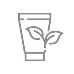 Herbal or plant based cosmetics icon. Lotion or moisturiser bottle with leaf vector.