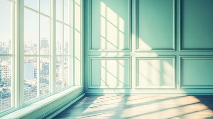 Empty room with large window and city view, bathed in sunlight.