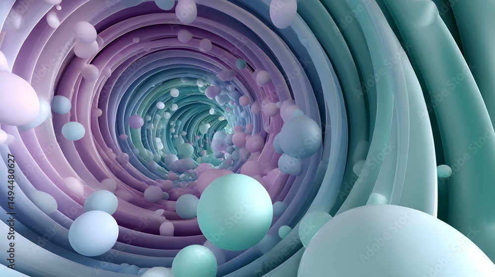 Poster surreal tunnel filled with colorful balls creating a whimsical atmosphere in digital artwork