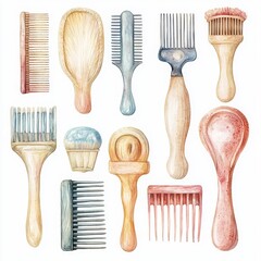 Assorted Hand-Drawn Hair Combs and Tools for Hair Care