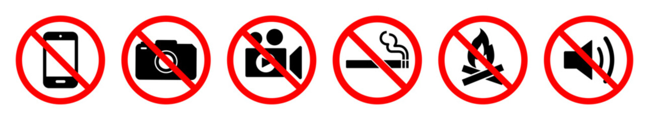 Set of prohibition signs with red circles and slashes indicating no mobile phones, no photography, no videography, no smoking, no fire, and no loud noise. Ideal for safety and warning use.