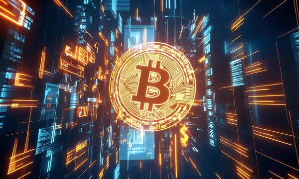 Bitcoin glowing in a futuristic digital world, symbolizing cryptocurrency, blockchain, and modern finance technology.