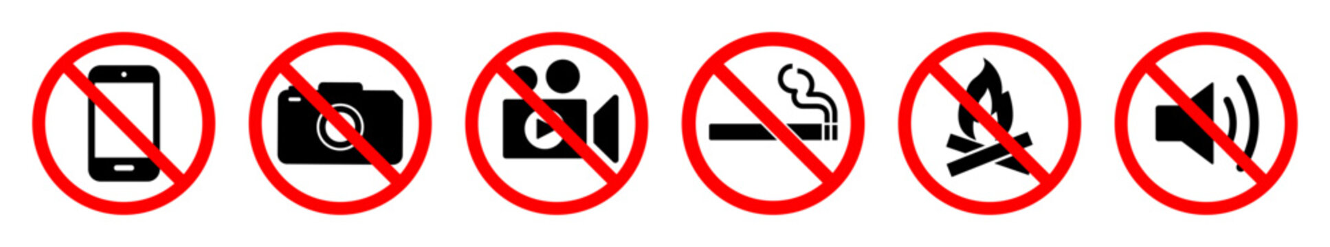 Set of prohibition signs with red circles and slashes indicating no mobile phones, no photography, no videography, no smoking, no fire, and no loud noise. Ideal for safety and warning use.