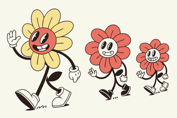 Retro Cartoon Flowers Walking, Waving, Smiling with Shoes, Gloves, Happy, Cheerful