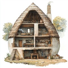 Rustic Round House Illustration with Interior Detail and Warm Atmosphere