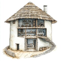 Traditional Round House with Thatched Roof and Stone Walls