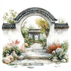 Fototapeta premium Tranquil Garden Pathway with Arched Gate and Natural Scenery