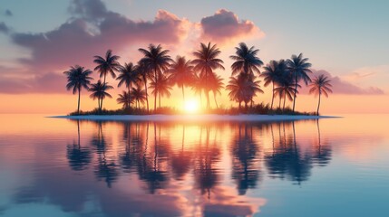 Obraz premium Tropical island view with multiple palm trees reflecting on still lagoon water at sunset, warm pastel vintage glow illuminating the scene, isolated on white background for peaceful and nostalgic vibes