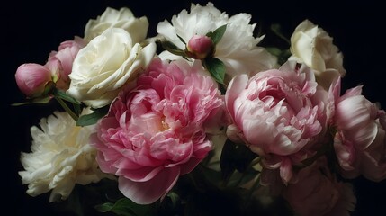 Close-up view of vintage floral bouquet featuring pink peonies and white roses in soft diffused lighting against a dark black background, highlighting delicate textures and romantic antique elegance