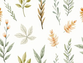 Fototapeta premium A beautifully textured seamless pattern of watercolor-style plants, featuring smooth brushstrokes and delicate natural elements