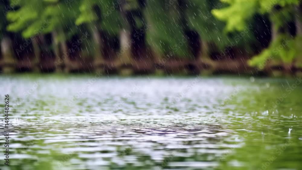 Aufkleber rain falling on a serene lake with trees in the background creating peaceful and relaxing nature foo