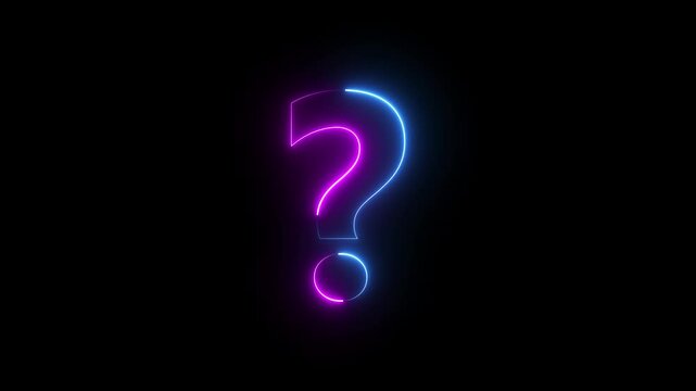 Animated neon glowing questions mark on black background. Animated neon question signs elements. Looking for solution. Interrogation points color illustration.