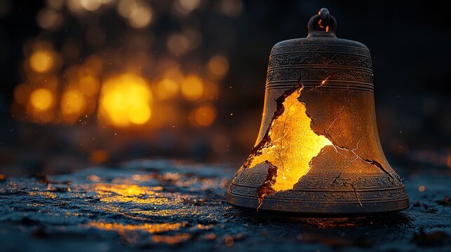 Glowing broken bell illuminated by sunrise on a misty morning