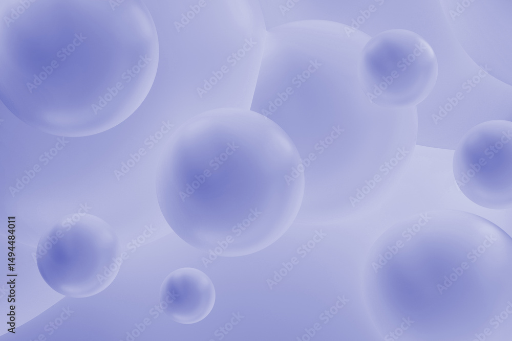 Poster Futuristic spherical pattern background  with translucent violet bubbles and soft lighting in calm atmosphere. 3D rendering. Airy abstract pattern.