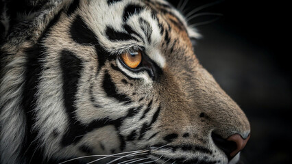 Close-up wild animal portrait of a majestic Bengal tiger with striking black and white stripes and dangerous gaze