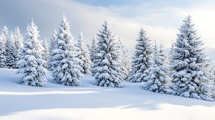 Fototapeta premium Winter wonderland with snow covered pines in mountain forest for serene landscape peaceful nature seasonal beauty tranquility concept.
