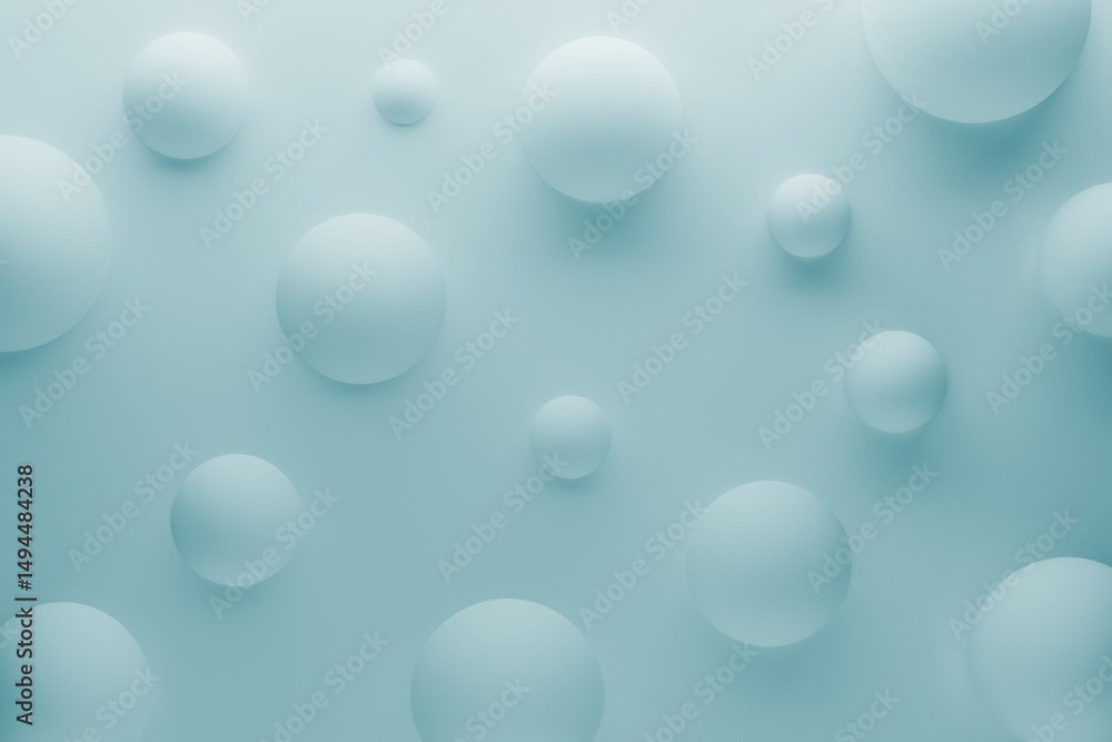 Poster light blue flying matt subtle spheres as geometric abstract background with. 3d rendering. delicate 