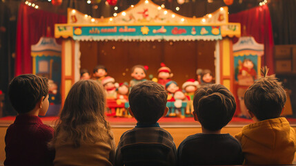Fototapeta premium Children captivated by a colorful puppet show with festive decorations