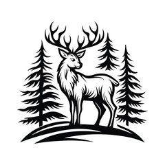 Elegant Black and White Silhouette of a Stag in a Forest Landscape Circle Motif