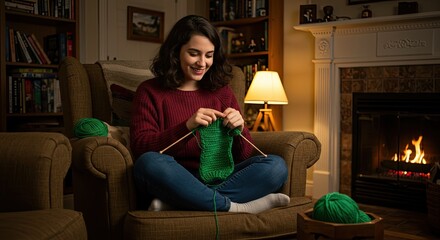 Woman knitting by fireplace (3)